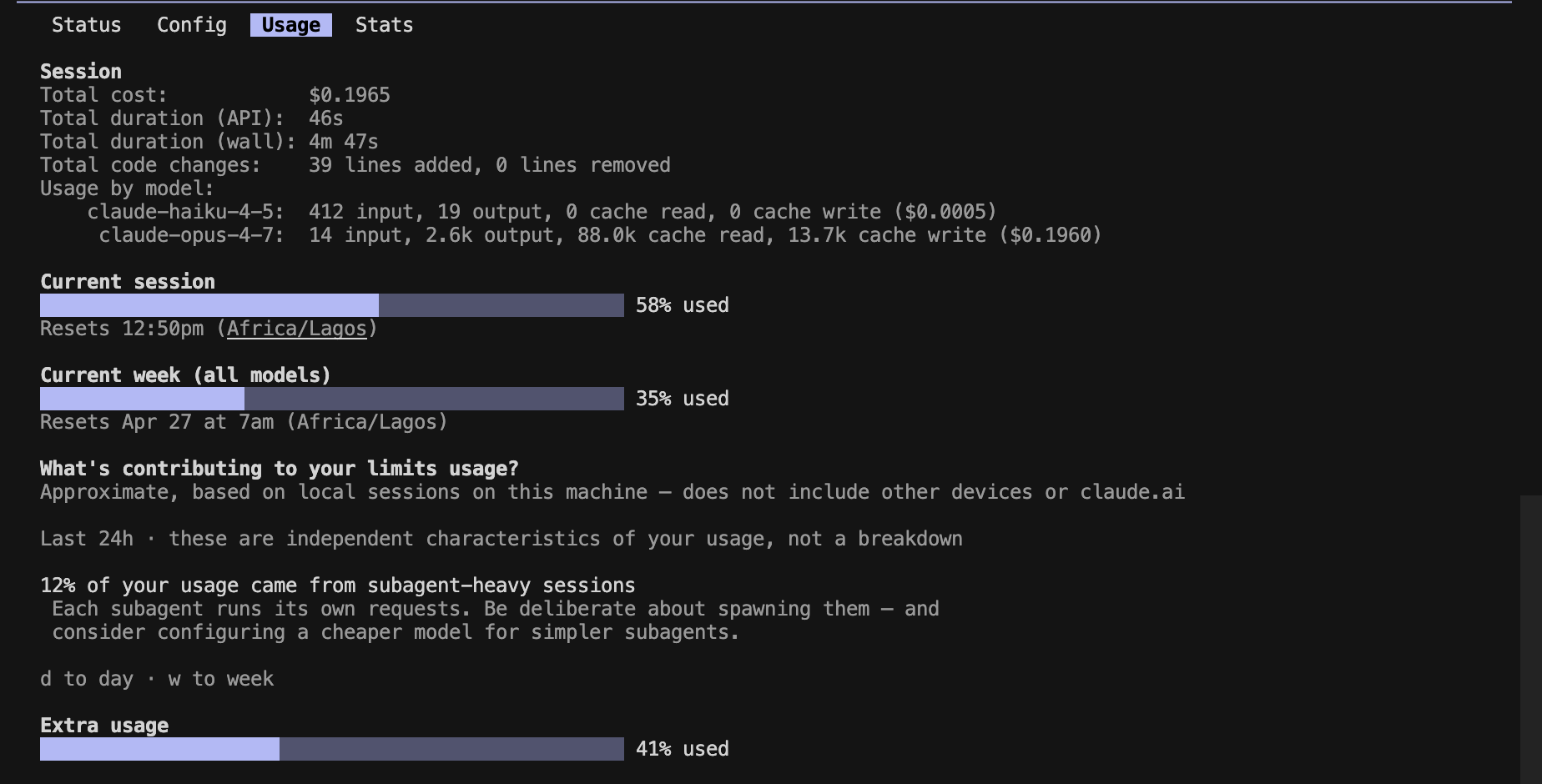 Baseline /cost output for Prompt B — utility + tests, files written to disk