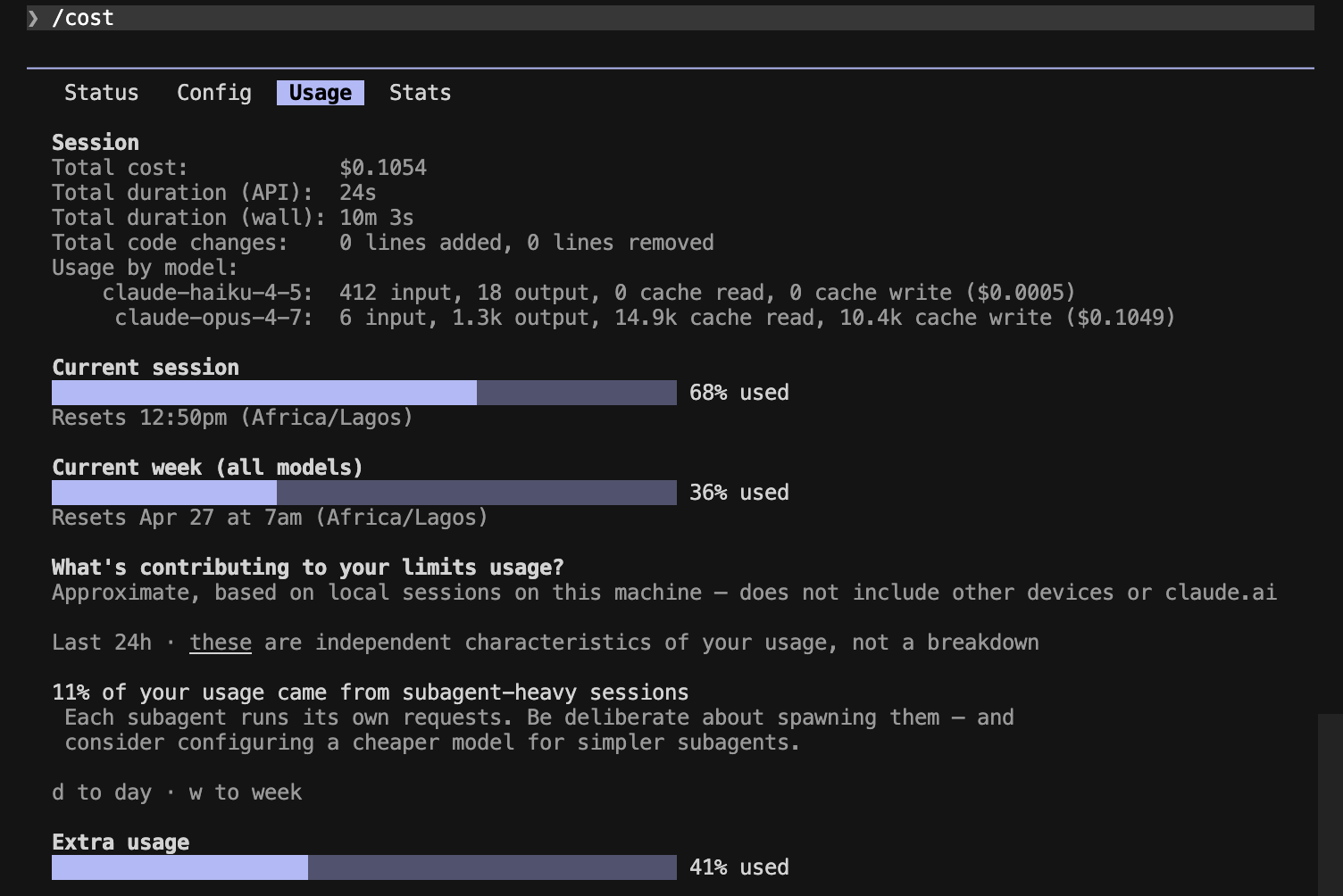 Caveman /cost output for Prompt A — denser per token but ~30% larger