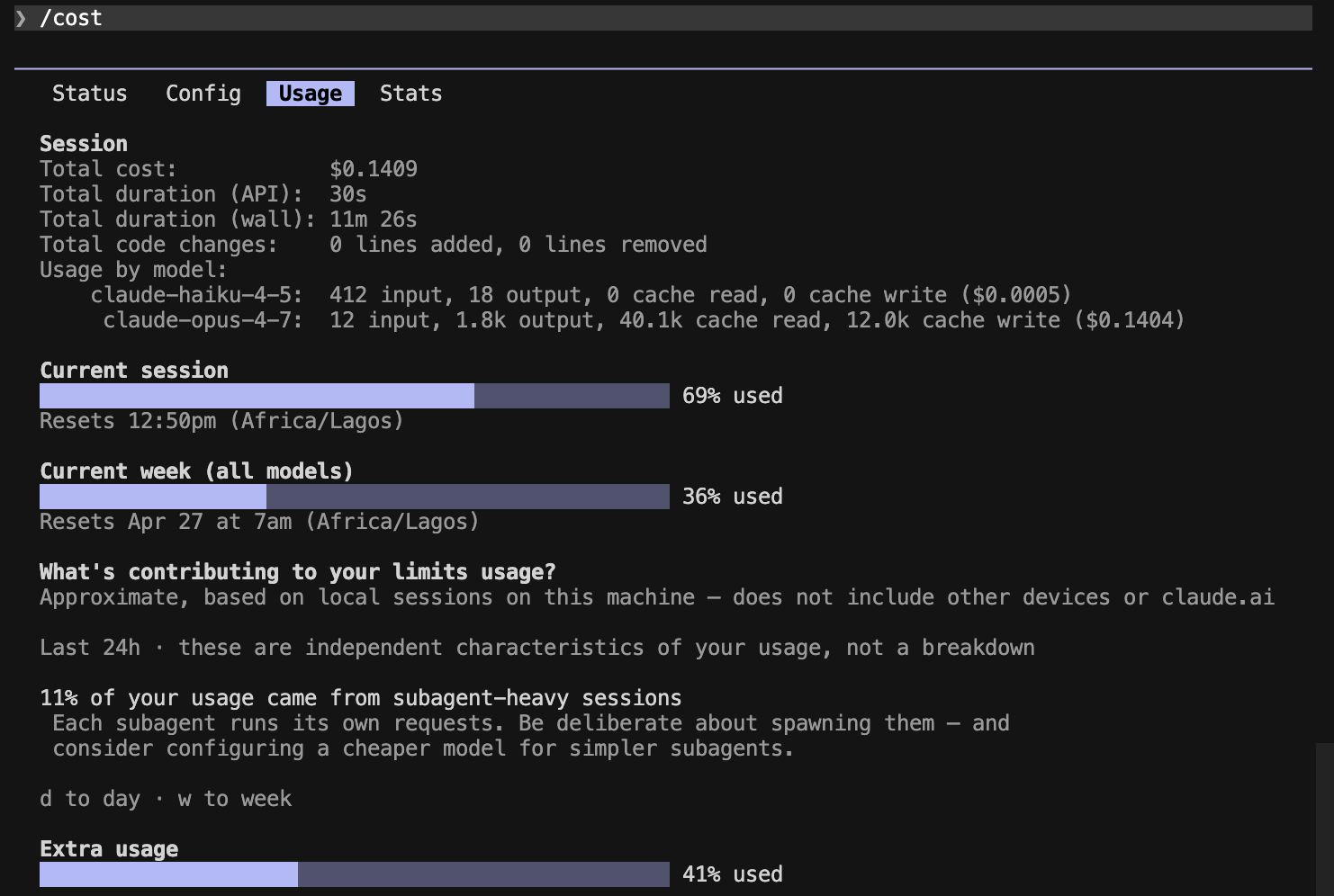 Caveman /cost output for Prompt B — same code, dumped inline, no Write tool call