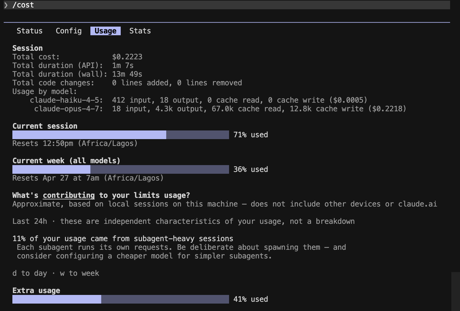 Caveman /cost output for Prompt C — same coverage, ~37% fewer output tokens