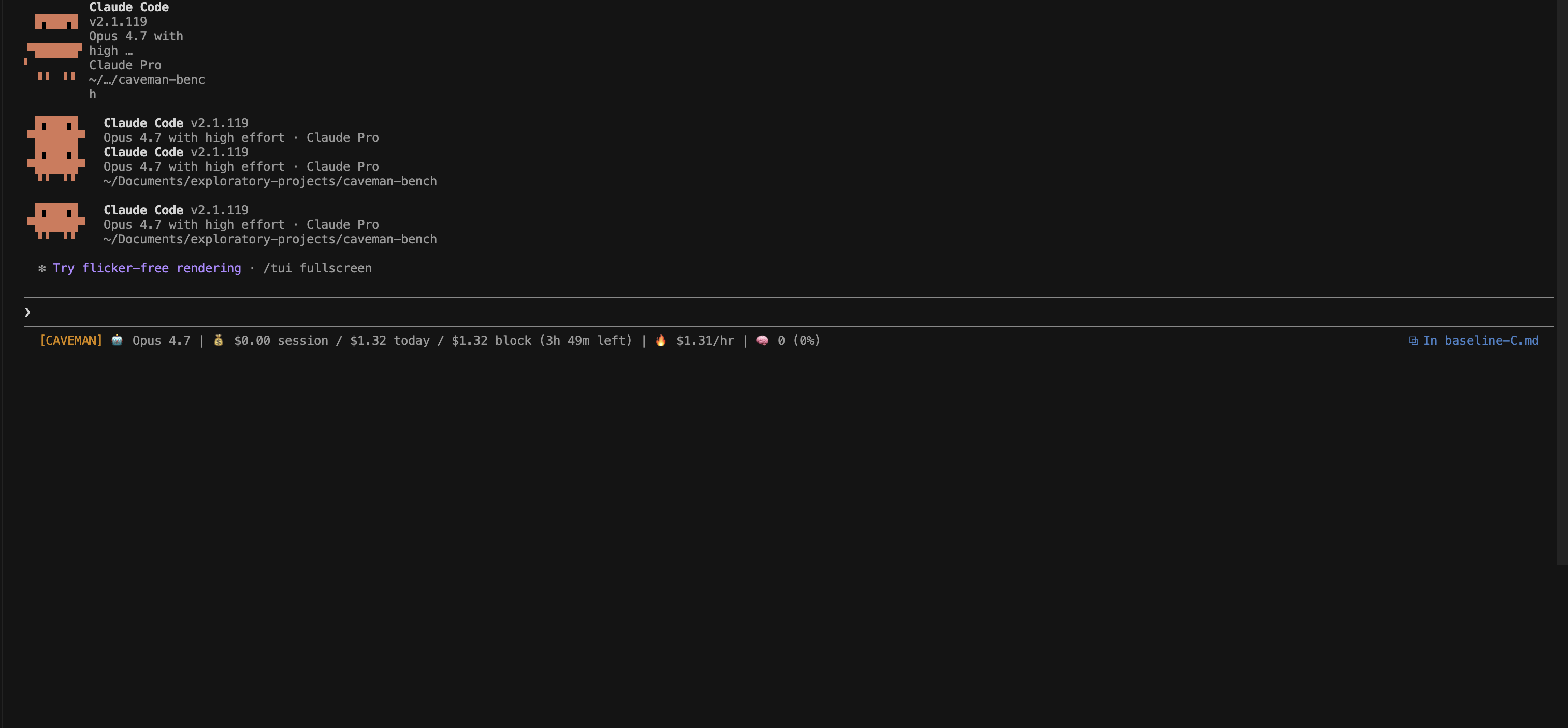 Statusline showing the CAVEMAN badge to the left of the ccusage usage strip